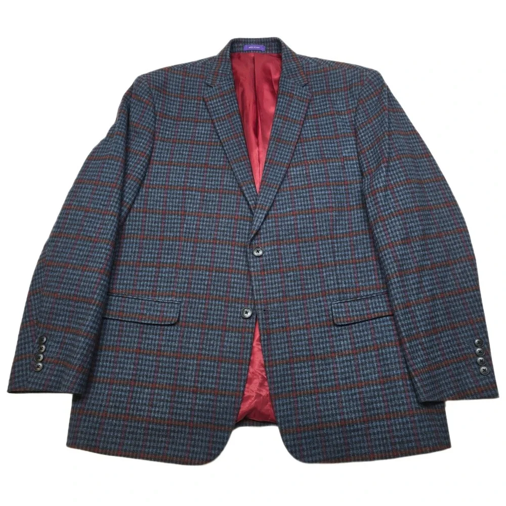 Alan Flusser Windowpane Sport Coat‎ Mens XL Blue Red Cotton Wool Blazer Jacket